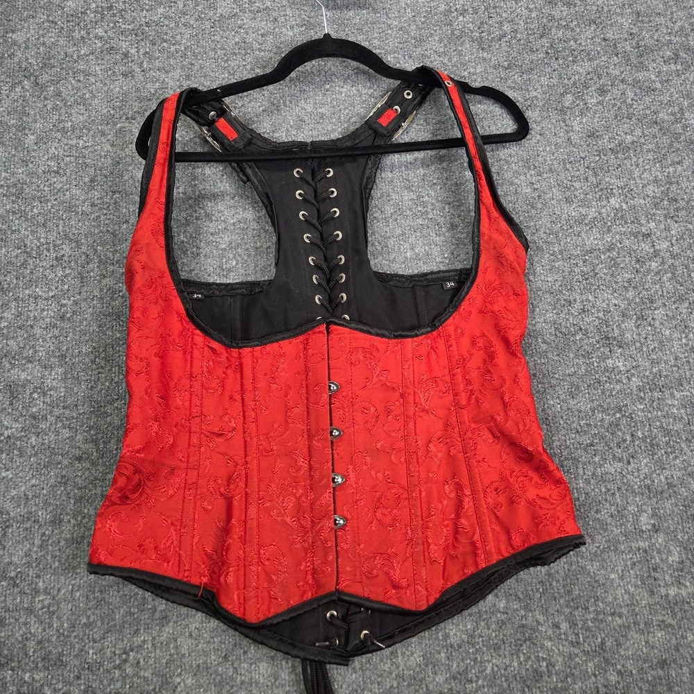 Red Renaissance Corset Bodice Goth Y2k Boning Sexy Jacquard Bustier Size 34